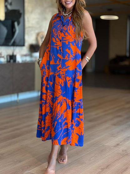 Sukienka saksofonowa bez rękawów z kołnierzykiem koszulowym i guzikami z przodu