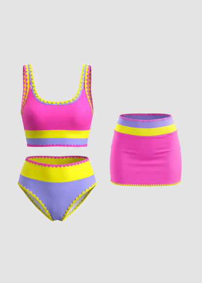 🌞🏖️ Színblokkal Díszített Nylon Sportos 3 Részes Bikini Szett – Magas Derekú és Hasformáló Fürdőruha 🩱🌊