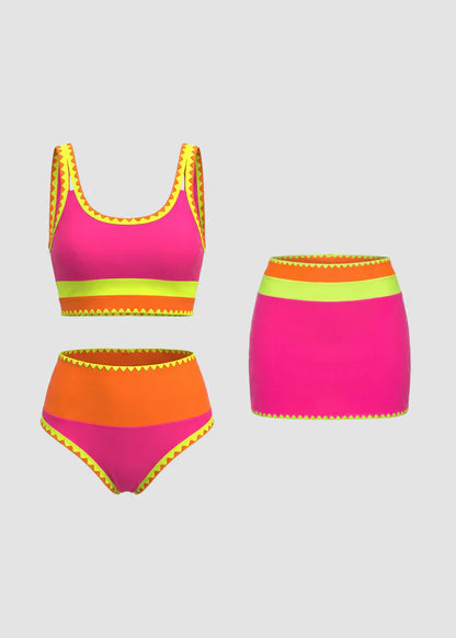 🌞🏖️ Színblokkal Díszített Nylon Sportos 3 Részes Bikini Szett – Magas Derekú és Hasformáló Fürdőruha 🩱🌊