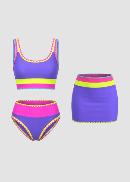 🌞🏖️ Színblokkal Díszített Nylon Sportos 3 Részes Bikini Szett – Magas Derekú és Hasformáló Fürdőruha 🩱🌊