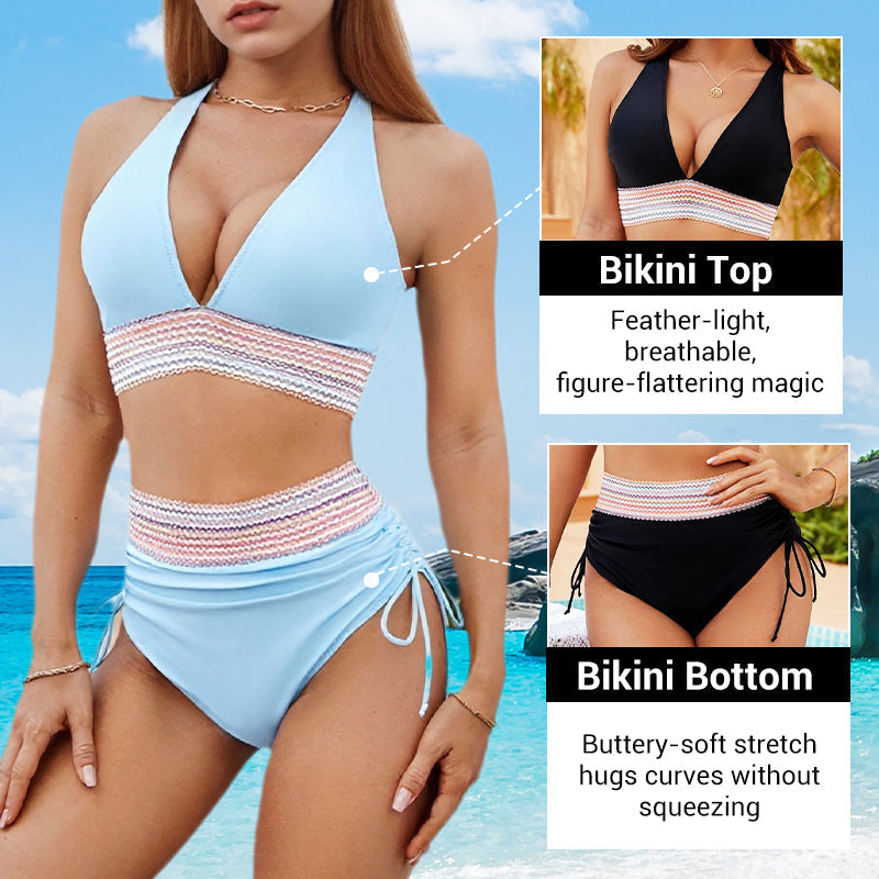 👙 S-4XL Magas Derekú Hasformáló Színblokk Bikini Szettek – Kifogástalan Sziluett