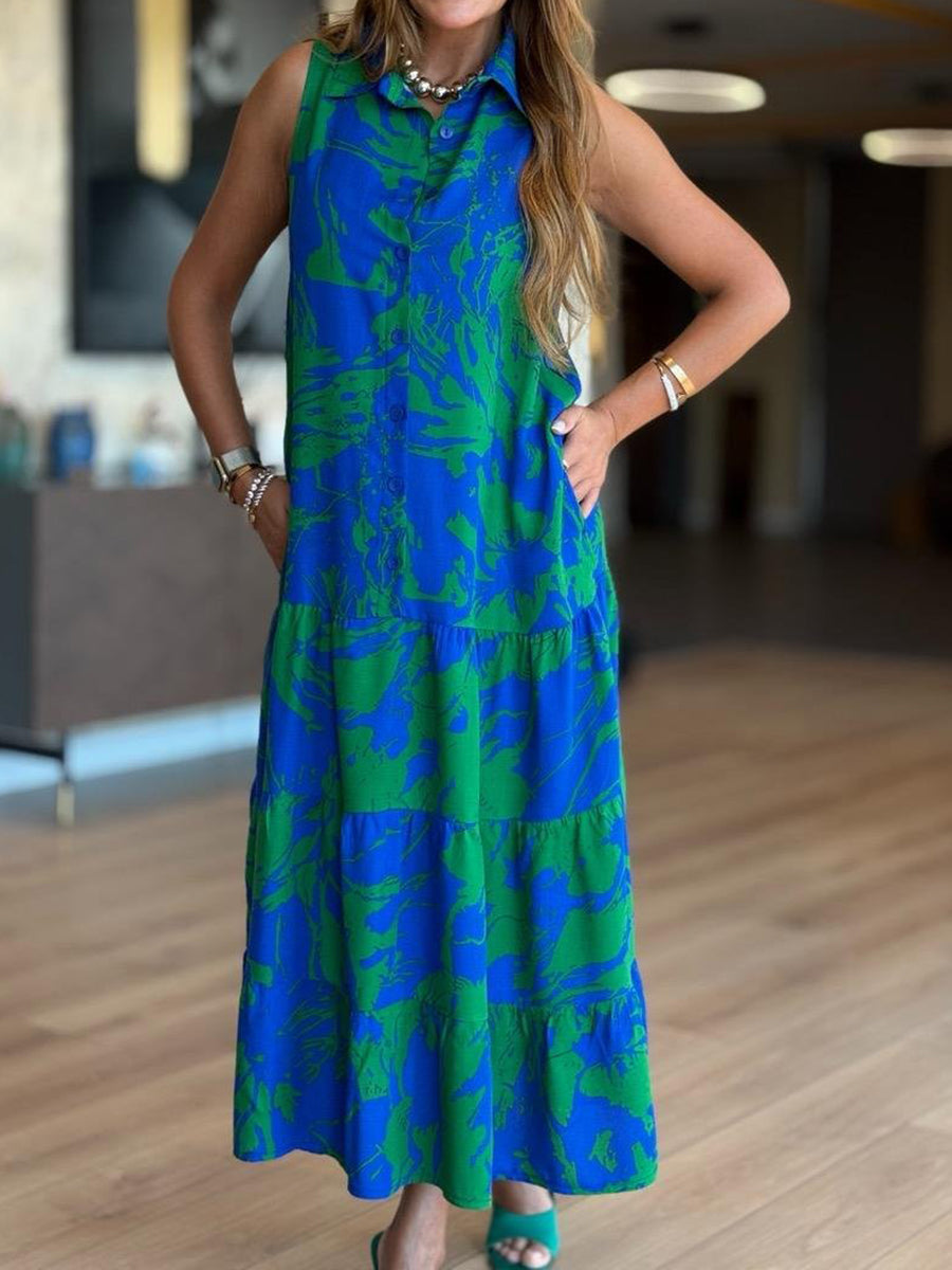 Sukienka saksofonowa bez rękawów z kołnierzykiem koszulowym i guzikami z przodu