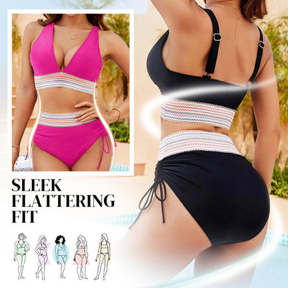 👙 S-4XL Magas Derekú Hasformáló Színblokk Bikini Szettek – Kifogástalan Sziluett