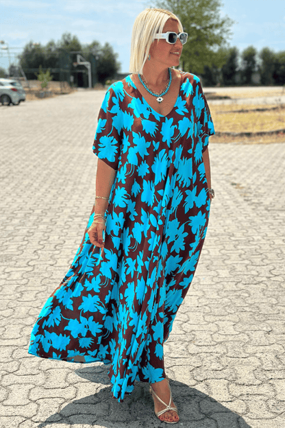 Lezser virágmintás V-nyakú maxi ruha