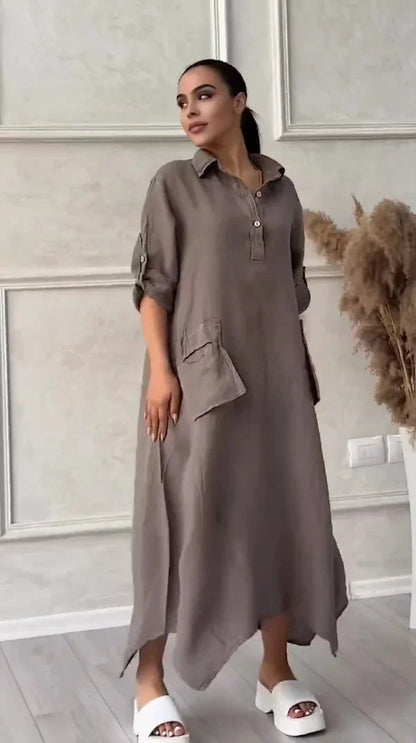 Női lenvászon pamut maxi ruha hajtókával