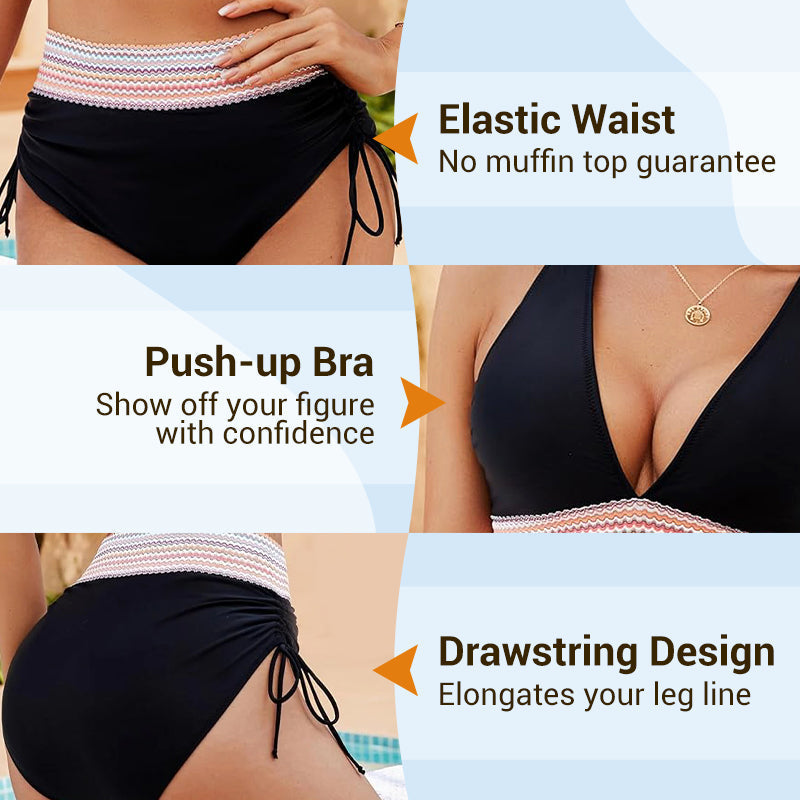 👙 S-4XL Magas Derekú Hasformáló Színblokk Bikini Szettek – Kifogástalan Sziluett