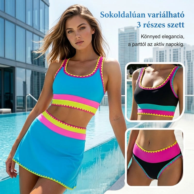 🌞🏖️ Színblokkal Díszített Nylon Sportos 3 Részes Bikini Szett – Magas Derekú és Hasformáló Fürdőruha 🩱🌊