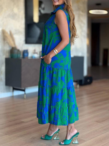 Sukienka saksofonowa bez rękawów z kołnierzykiem koszulowym i guzikami z przodu