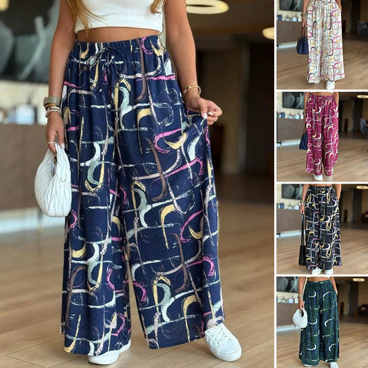 【S-4XL】🌺Női alkalmi nyomtatott széles szárú nadrág zsebes zsebekkel