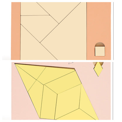 🧩Fa tangram táblás puzzle játék Montessori alakzat puzzle válogató játék Színes tangram oktatási mintás játék gyerekeknek🔺🔷