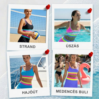 🌞🏖️ Színblokkal Díszített Nylon Sportos 3 Részes Bikini Szett – Magas Derekú és Hasformáló Fürdőruha 🩱🌊