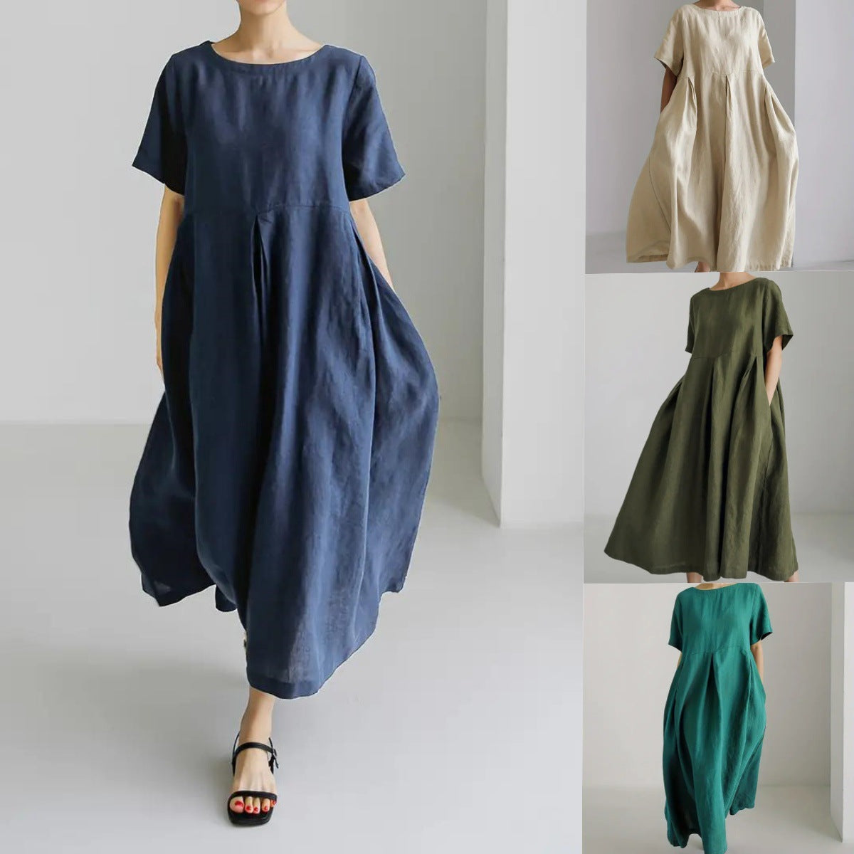 Laza kerek nyakú egyszínű hosszú ruha