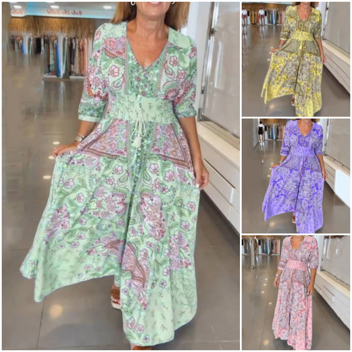 🌺Női elegáns virágos virágos húzózsinór hosszú ruha