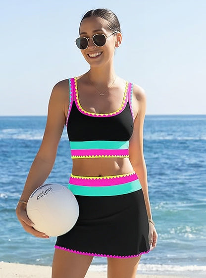🌞🏖️ Színblokkal Díszített Nylon Sportos 3 Részes Bikini Szett – Magas Derekú és Hasformáló Fürdőruha 🩱🌊
