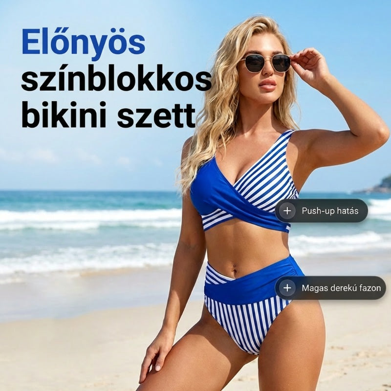 Kétrészes, színes blokkos és csíkos bikini