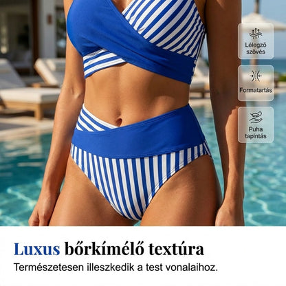 Kétrészes, színes blokkos és csíkos bikini
