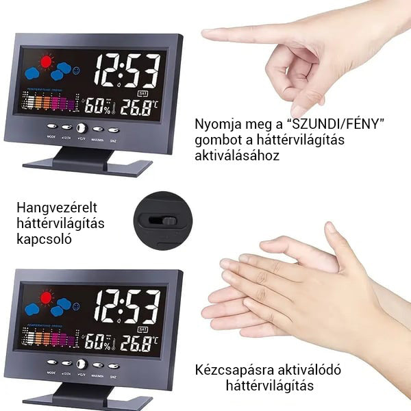 Digitális LED hőmérséklet- és páratartalom-monitor, időjárás-előrejelzés, LED asztali ébreszt