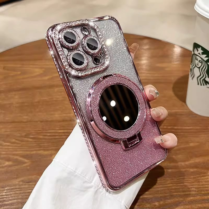 📲✨Védő iPhone tok sminktükörrel és átmenetes csillámporral