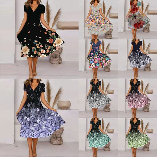 【S-4xl】🌺Lengő, V-nyakú, mintás ruha