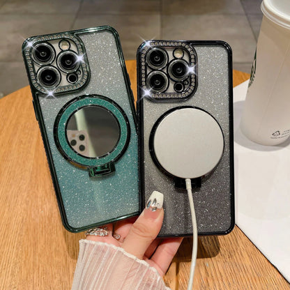 📲✨Védő iPhone tok sminktükörrel és átmenetes csillámporral