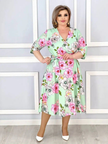 👗👗【S-5XL】Nyári virágos sorozat, elegáns V-nyakú ruha