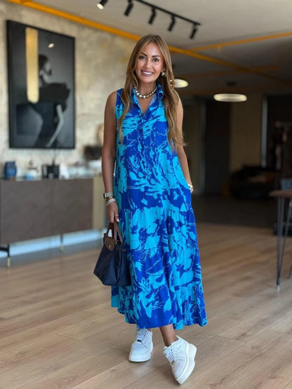 Sukienka saksofonowa bez rękawów z kołnierzykiem koszulowym i guzikami z przodu