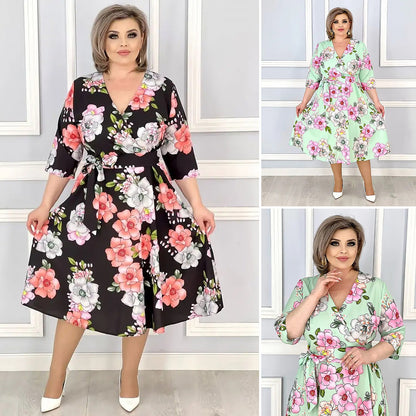 👗👗【S-5XL】Nyári virágos sorozat, elegáns V-nyakú ruha