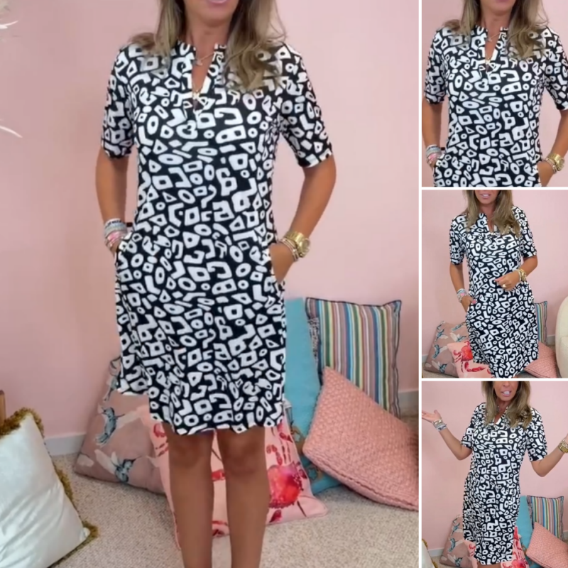 Rövid ujjú nyomott V-nyakú ruha