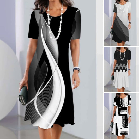 Női 3D nyomtatott kerek nyakú alkalmi ruhák