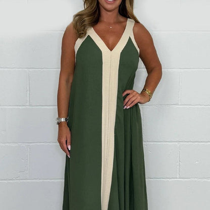 🔥👗Női V-nyakú, ujjatlan, színes blokkos maxi ruha