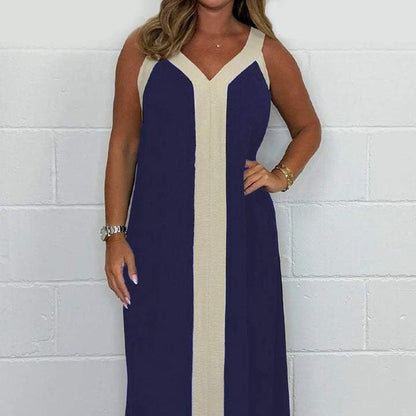 🔥👗Női V-nyakú, ujjatlan, színes blokkos maxi ruha