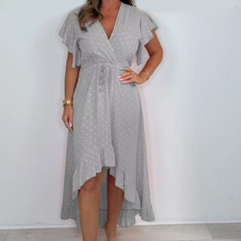 ✨【S-3XL】V-nyakú, pöttyös, fodros ujjú ruha