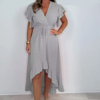 ✨【S-3XL】V-nyakú, pöttyös, fodros ujjú ruha