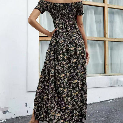 Elegáns, virágmintás, váll nélküli női ruha