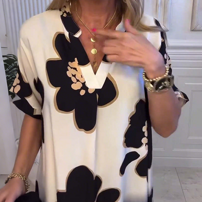 Női bő ruha V-nyakkivágással és mintával