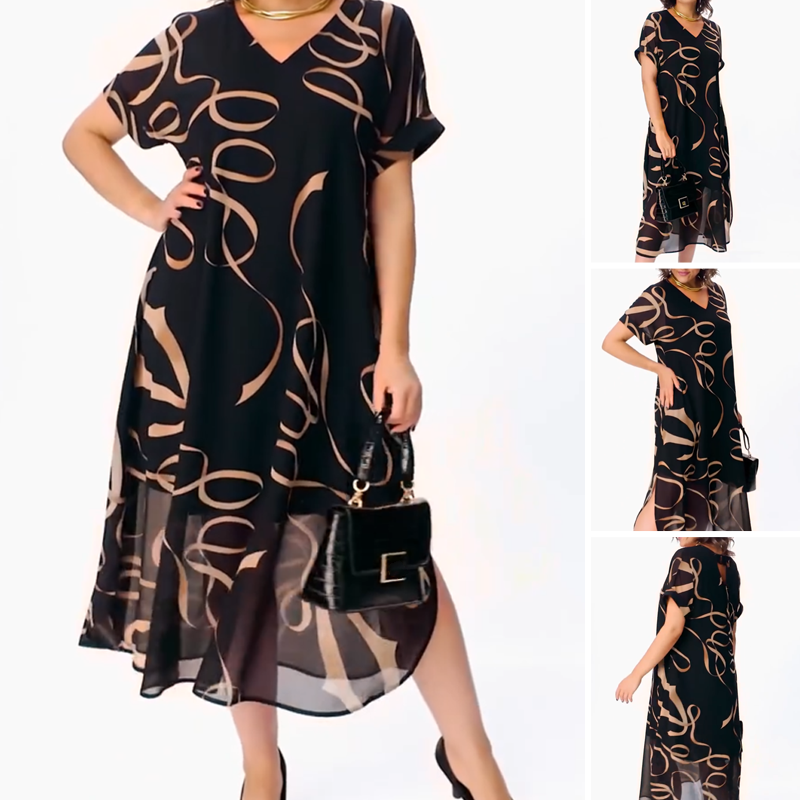 👗Elegáns, lenge V-nyakú midi ruha – Légies fekete ruha szalagmintával, oldalsó hasítékkal és kényelmes szabással S-5XL