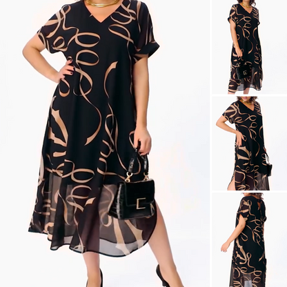 👗Elegáns, lenge V-nyakú midi ruha – Légies fekete ruha szalagmintával, oldalsó hasítékkal és kényelmes szabással S-5XL
