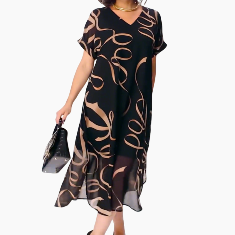👗Elegáns, lenge V-nyakú midi ruha – Légies fekete ruha szalagmintával, oldalsó hasítékkal és kényelmes szabással S-5XL