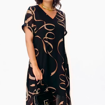 👗Elegáns, lenge V-nyakú midi ruha – Légies fekete ruha szalagmintával, oldalsó hasítékkal és kényelmes szabással S-5XL