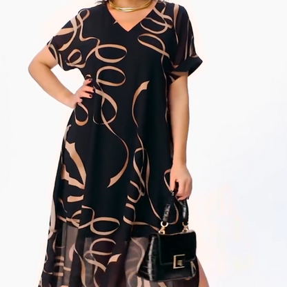👗Elegáns, lenge V-nyakú midi ruha – Légies fekete ruha szalagmintával, oldalsó hasítékkal és kényelmes szabással S-5XL