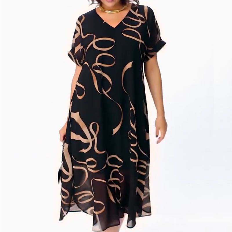 👗Elegáns, lenge V-nyakú midi ruha – Légies fekete ruha szalagmintával, oldalsó hasítékkal és kényelmes szabással S-5XL