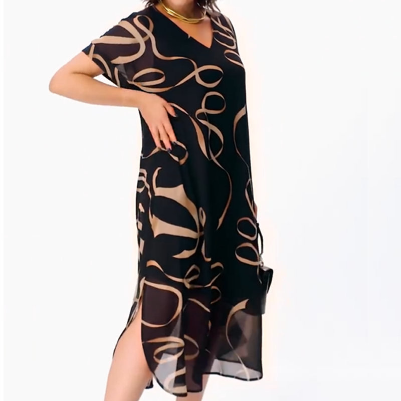 👗Elegáns, lenge V-nyakú midi ruha – Légies fekete ruha szalagmintával, oldalsó hasítékkal és kényelmes szabással S-5XL