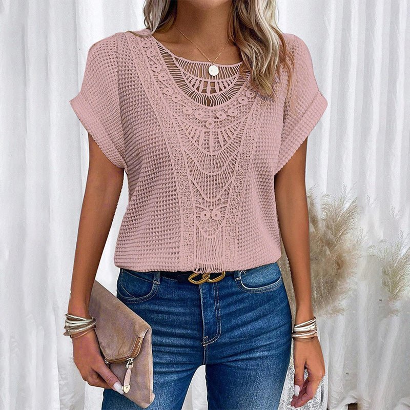 ✨Rövid ujjú, kerek nyakú felsők egyszínű horgolással nőknek
