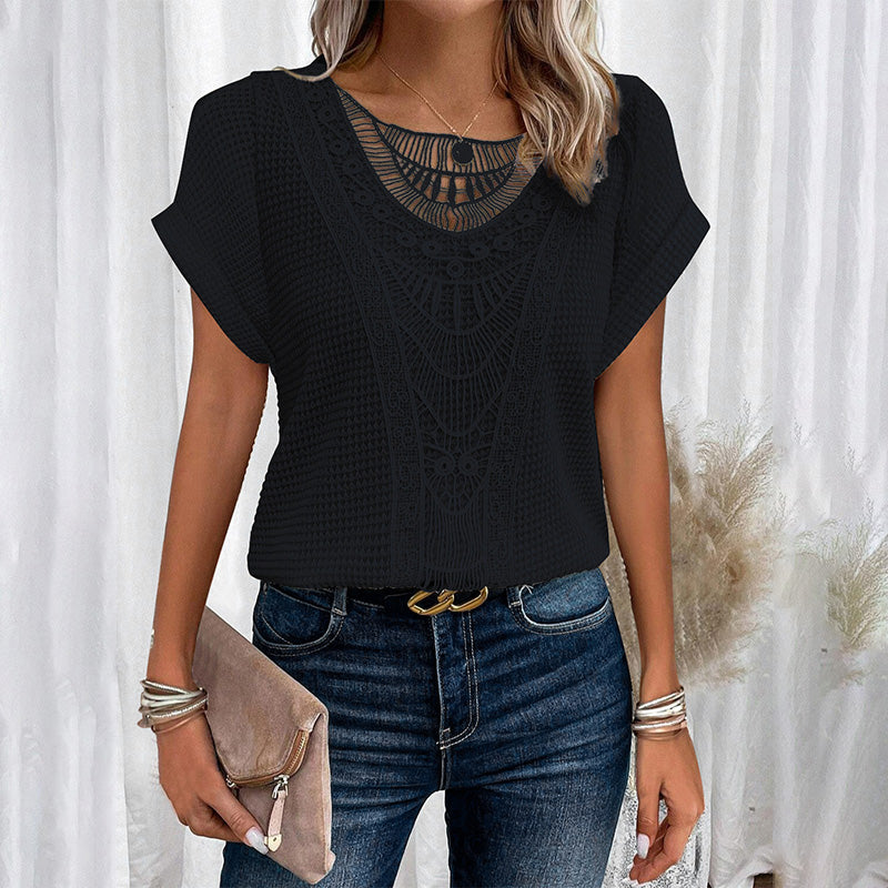 ✨Rövid ujjú, kerek nyakú felsők egyszínű horgolással nőknek