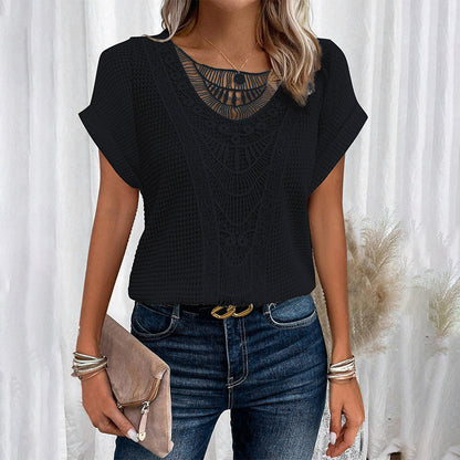 ✨Rövid ujjú, kerek nyakú felsők egyszínű horgolással nőknek