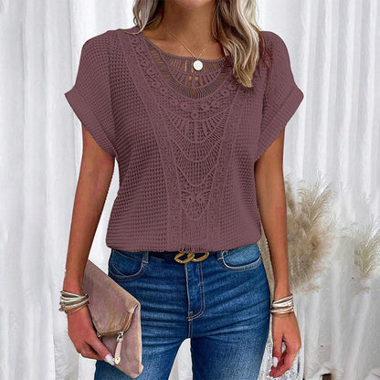 ✨Rövid ujjú, kerek nyakú felsők egyszínű horgolással nőknek