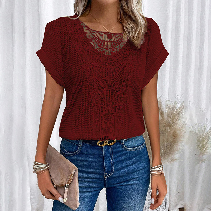 ✨Rövid ujjú, kerek nyakú felsők egyszínű horgolással nőknek
