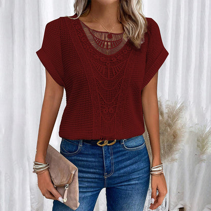 ✨Rövid ujjú, kerek nyakú felsők egyszínű horgolással nőknek