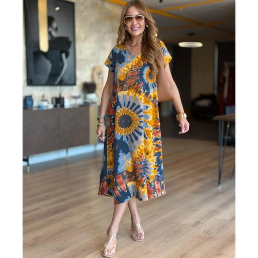 🌸 Női lezser mintás maxi ruhák V-nyakkal