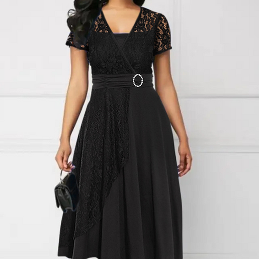 Női ruha V-nyakkal és derekat kiemelő részletekkel